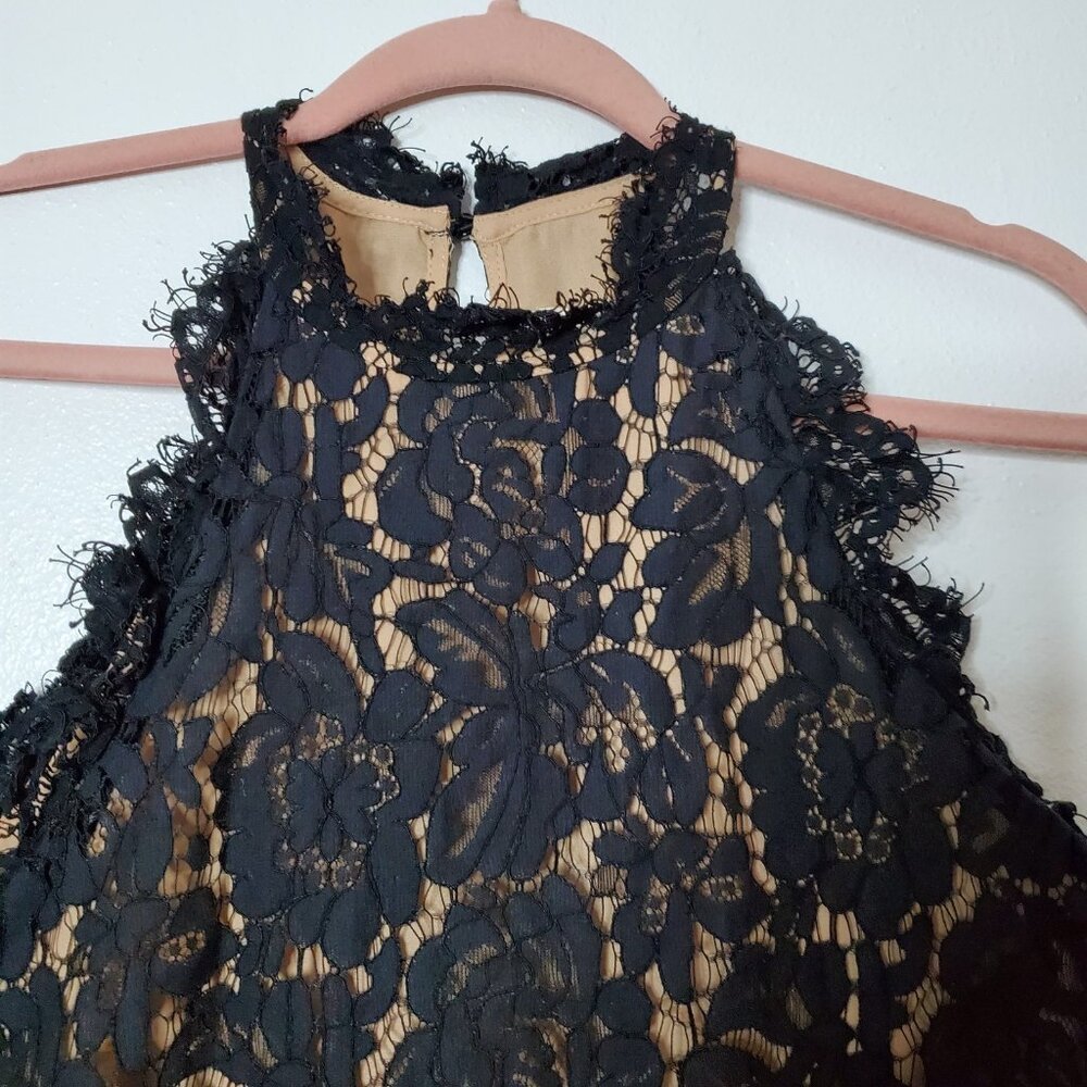 ee:some Vision Lace Hi Neck Round Hem Tank Top Size S Black Lace Nude Lining - Picture 2 of 11